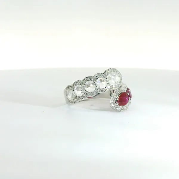 2.29ctw Diamond and Ruby Bypass Ring in 18kt White Gold with Pear and Round Rose-Cut Stones Image 2 Redlands Jewelers Redlands, CA
