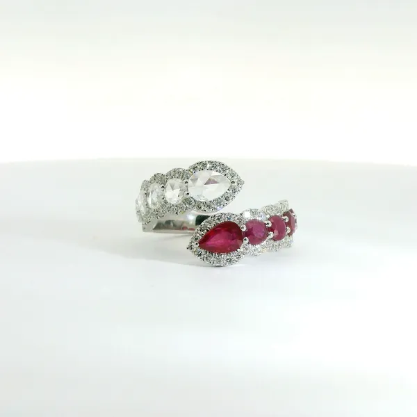 2.29ctw Diamond and Ruby Bypass Ring in 18kt White Gold with Pear and Round Rose-Cut Stones Redlands Jewelers Redlands, CA