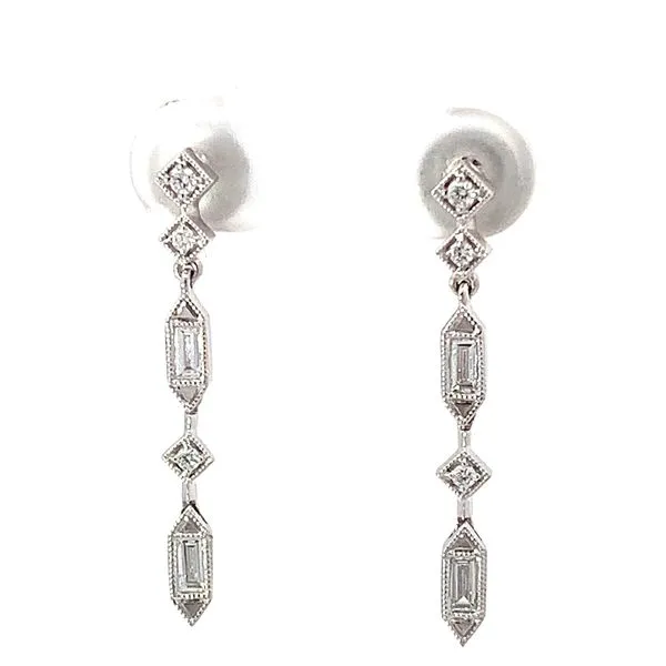 Elegant Baguette and Round Diamond Dangle Earrings Image 3 Redlands Jewelers Redlands, CA