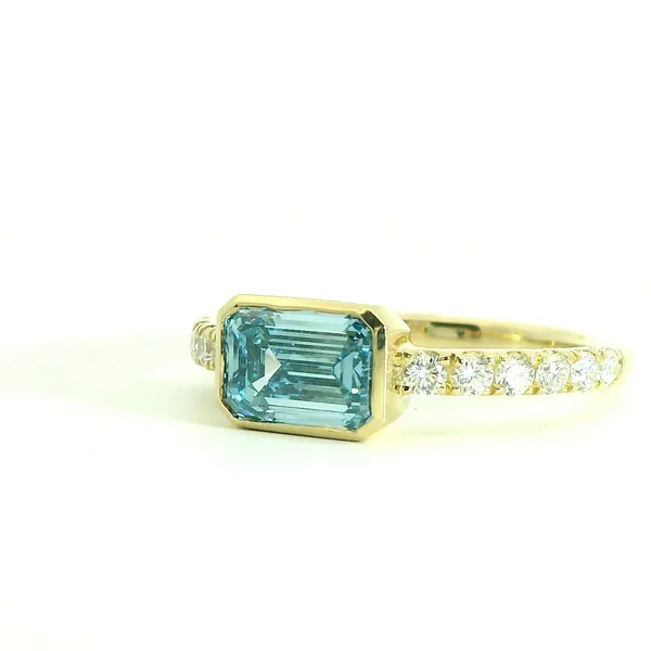 1.55ct East-West Blue Lab Diamond Ring with Ascending Diamond Accents in 14kt Yellow Gold Image 3 Redlands Jewelers Redlands, CA