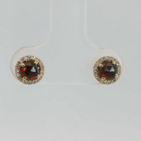 Rose Gold Garnet and Diamond Halo Earrings Image 2 Redlands Jewelers Redlands, CA
