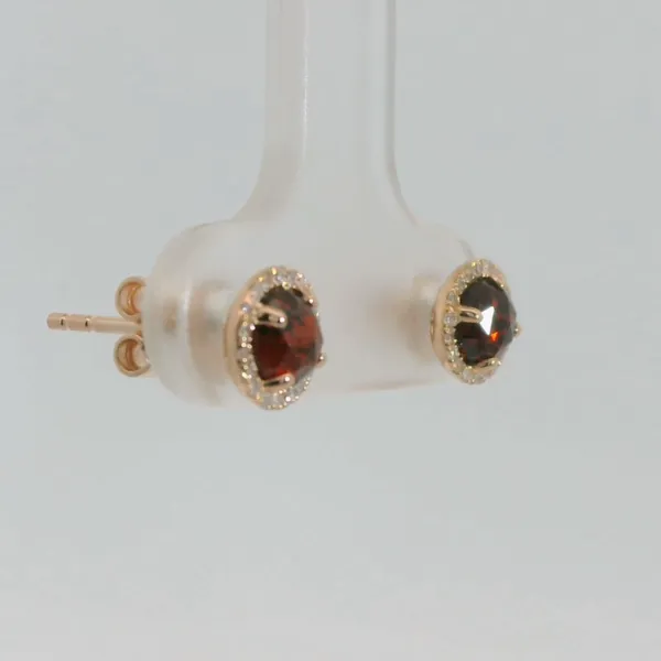 Rose Gold Garnet and Diamond Halo Earrings Image 3 Redlands Jewelers Redlands, CA