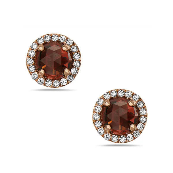Rose Gold Garnet and Diamond Halo Earrings Redlands Jewelers Redlands, CA