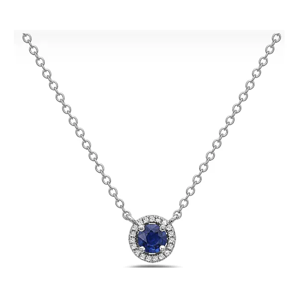 Blue Sapphire and Diamond Halo Necklace Redlands Jewelers Redlands, CA