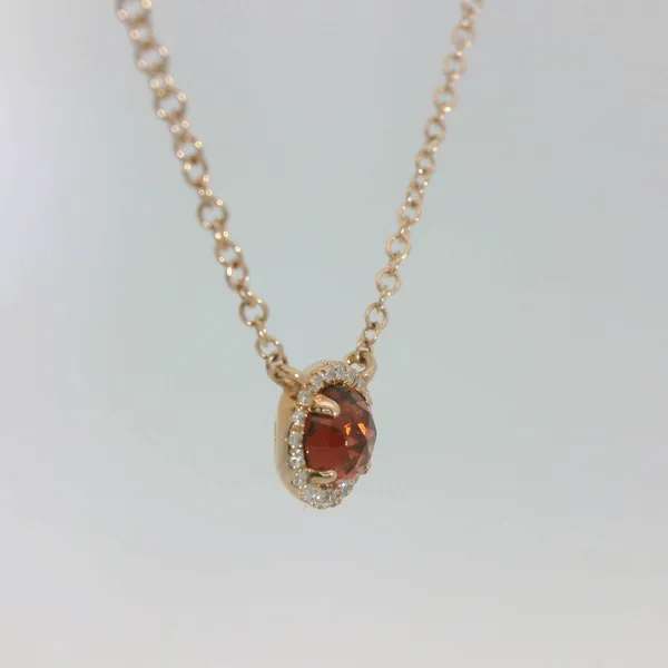 Rose Gold Garnet and Diamond Halo Necklace Image 3 Redlands Jewelers Redlands, CA