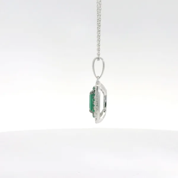 Emerald & Diamond Halo Pendant Necklace Image 2 Redlands Jewelers Redlands, CA