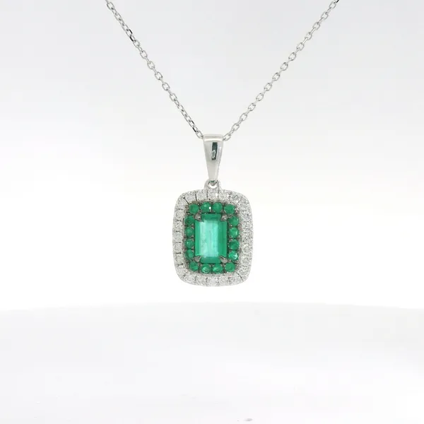 Emerald & Diamond Halo Pendant Necklace Image 3 Redlands Jewelers Redlands, CA