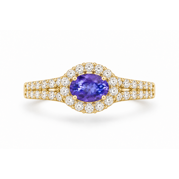 14K Yellow Gold Oval Tanzanite & Diamond Halo Ring Reed & Sons Sedalia, MO