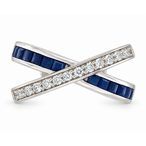 18K White Gold Sapphire & Diamond Crossover Ring Reed & Sons Sedalia, MO