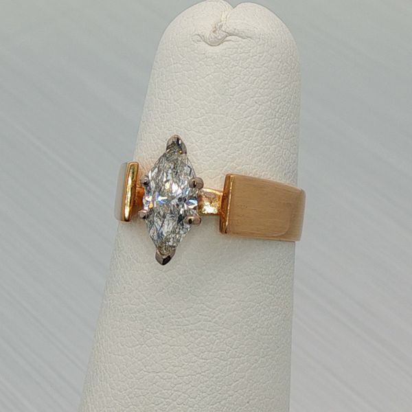 14K Yellow Gold Cathedral Solitaire Ring with 0.72ct Marquise Cut Diamond Rich Custom Jewelry Las Vegas, NV