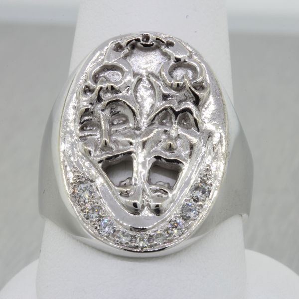 14KW Gold Signet Ring with Theatrical Drama Mask Design and Round Brilliant Cut Diamonds Rich Custom Jewelry Las Vegas, NV