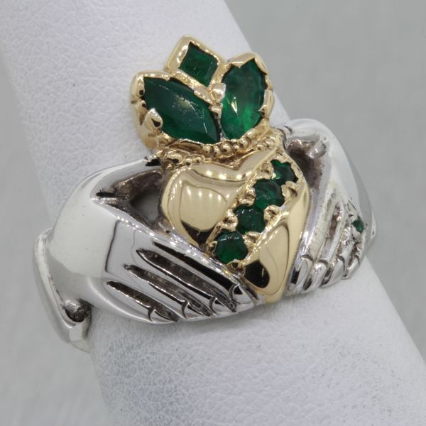 14K Two-Tone Gold Claddagh Ring with A Grade Emeralds Rich Custom Jewelry Las Vegas, NV