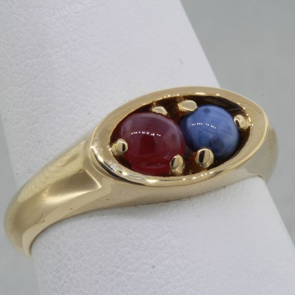 14KY Gold Two Stone Ring with Round Cabochon Star Ruby and Sapphire Rich Custom Jewelry Las Vegas, NV