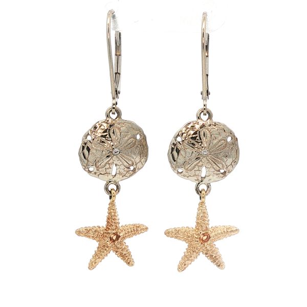 Rich Custom Jewelry 14K Two Tone Gold Sand Dollar And Starfish Dangle Earrings with Spessartite Garnet and Diamond accents Rich Custom Jewelry Las Vegas, NV