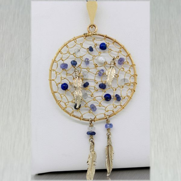 A Rich Custom Jewelry Natural Blue Sapphire, Lapis, Tanzanite and Pearl Bead Dream Catcher Drop Pendant in 14K Yellow Gold Rich Custom Jewelry Las Vegas, NV