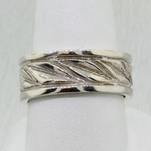 14K White Gold 8.5mm Carved Flat Band Rich Custom Jewelry Las Vegas, NV