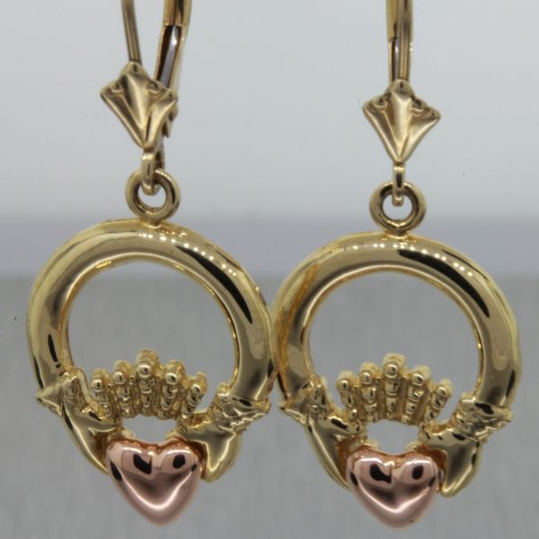 14K TwoTone Claddagh Leverback Earrings 1.9 dwt Rich Custom Jewelry Las Vegas, NV