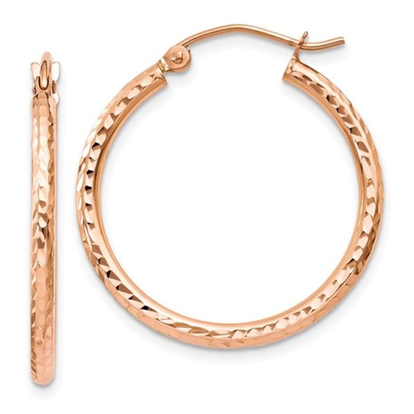 14K Rose Gold 2x25mm Diamond Cut Polished Tube Hoop Earrings Rich Custom Jewelry Las Vegas, NV
