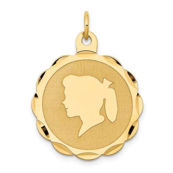 14K Yellow Gold Girl Head on .011 Gauge Engravable Scalloped 25x22mm Disc Charm 1.4dwt Rich Custom Jewelry Las Vegas, NV