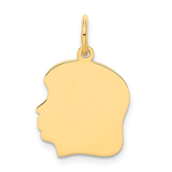 14K Yellow Gold  Plain Medium .018 Gauge Facing Left Engravable Girl Head Charm 0.8dwt Rich Custom Jewelry Las Vegas, NV
