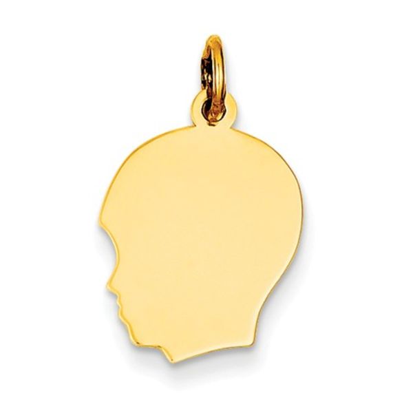 14K Yellow Gold Plain Medium .018 Gauge Facing Left Engravable Boy Head Charm 0.6dwt Rich Custom Jewelry Las Vegas, NV