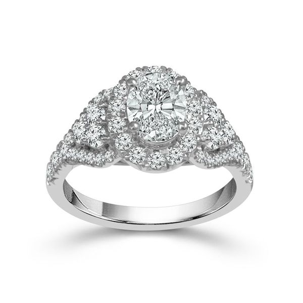 14 Karat White Gold 2 Carat Oval Double Halo Diamond Engagement Ring Robert Irwin Jewelers Memphis, TN