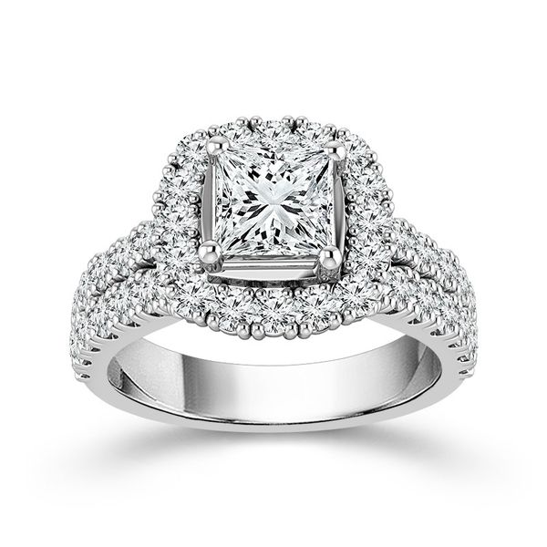 14 Karat White Gold 2 Carat Princess Cut Diamond Halo Engagement Ring Robert Irwin Jewelers Memphis, TN