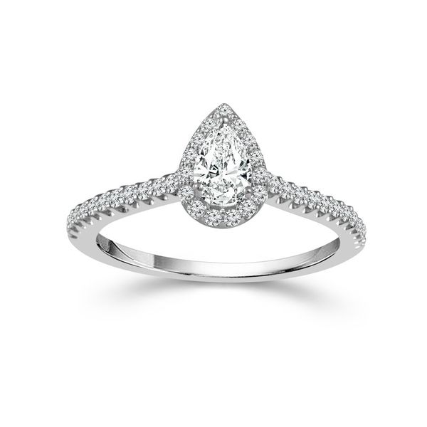 14 Karat White Gold 1/2 Carat Pear Cut Diamond Halo Engagement Ring Robert Irwin Jewelers Memphis, TN