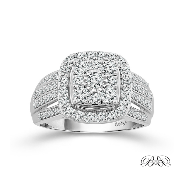 10 Karat White Gold 1 Carat Cushion Halo Multi Stone Diamond Engagement Ring Robert Irwin Jewelers Memphis, TN