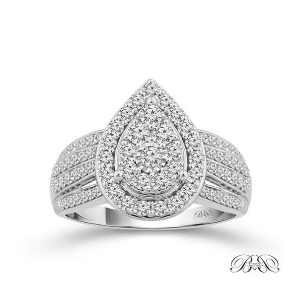 10 Karat White Gold 1 Carat Pear Halo Multi Stone Diamond Engagement Ring Robert Irwin Jewelers Memphis, TN