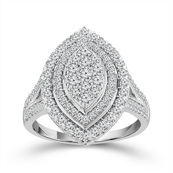 10 Karat White Gold 1 Carat Marquise Shaped Double Halo Multi Stone Diamond Engagement Ring Robert Irwin Jewelers Memphis, TN