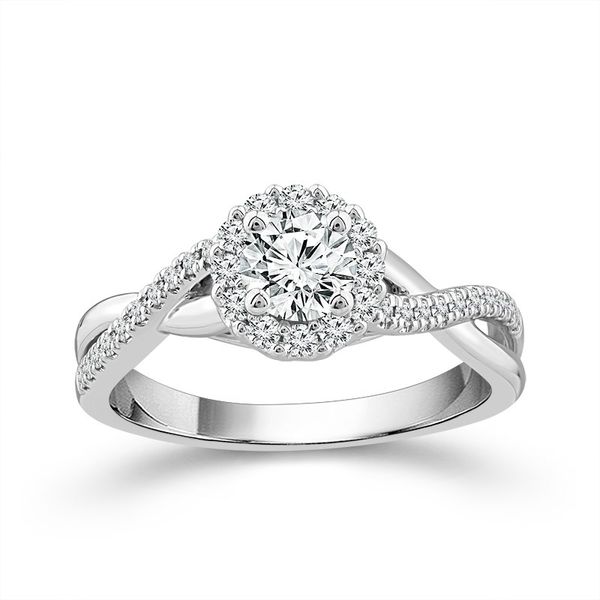 14 Karat White Gold 1/2 Carat Round Diamond Halo Twist Engagement Ring Robert Irwin Jewelers Memphis, TN