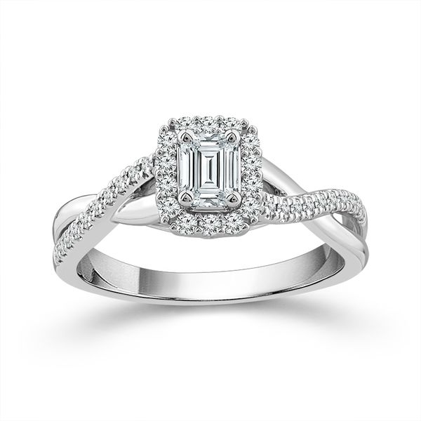 14 Karat White Gold 1/2 Carat Emerald Cut Diamond Halo Twist Engagement Ring Robert Irwin Jewelers Memphis, TN