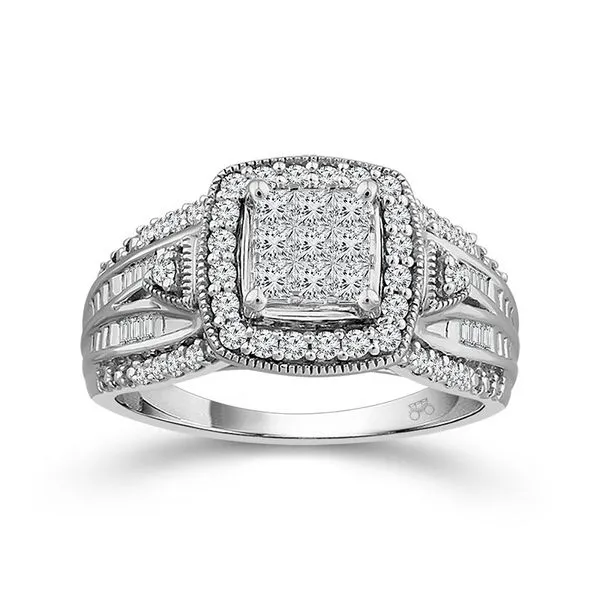 10 Karat White Gold 1/2 Carat Multi Stone Milgrain Detail Diamond Halo Engagement Ring Robert Irwin Jewelers Memphis, TN