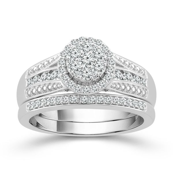 10k White Gold 1/2 Carat Diamond Cluster Halo Wedding Set Robert Irwin Jewelers Memphis, TN