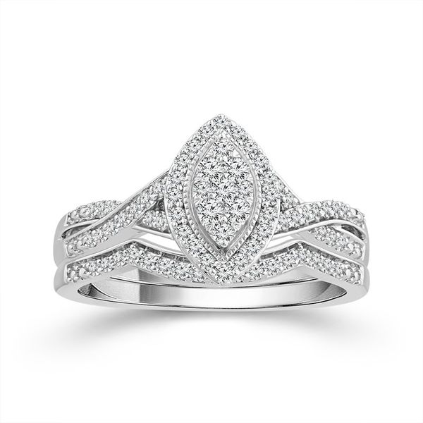 10 Karat White Gold 3/8 Carat Marquise Shaped Halo Multi Stone Diamond Wedding Set Robert Irwin Jewelers Memphis, TN