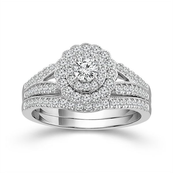 10 Karat White Gold 3/4 Carat Flower Shaped Double Halo Diamond Wedding Set Robert Irwin Jewelers Memphis, TN