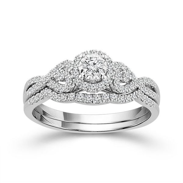 10 Karat White Gold 3/4 Carat Halo Twist Diamond Wedding Set Robert Irwin Jewelers Memphis, TN