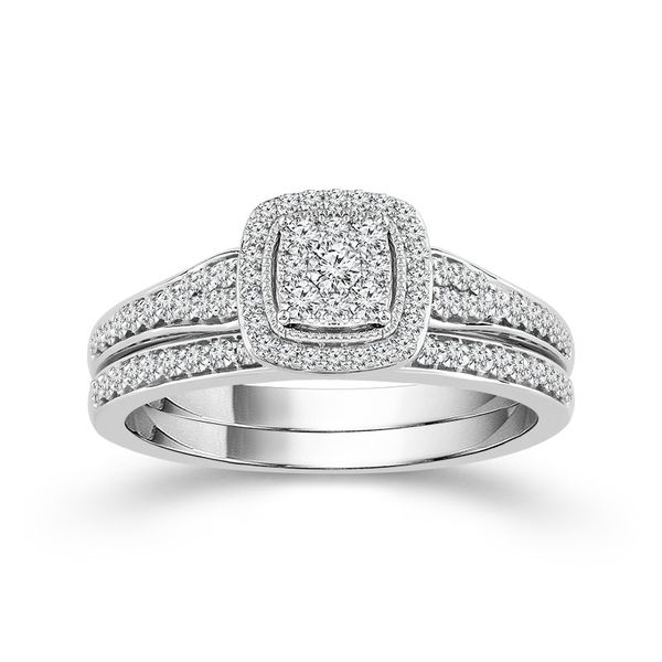 10 Karat White Gold 1/2 Carat Square Diamond Halo Wedding Set Robert Irwin Jewelers Memphis, TN