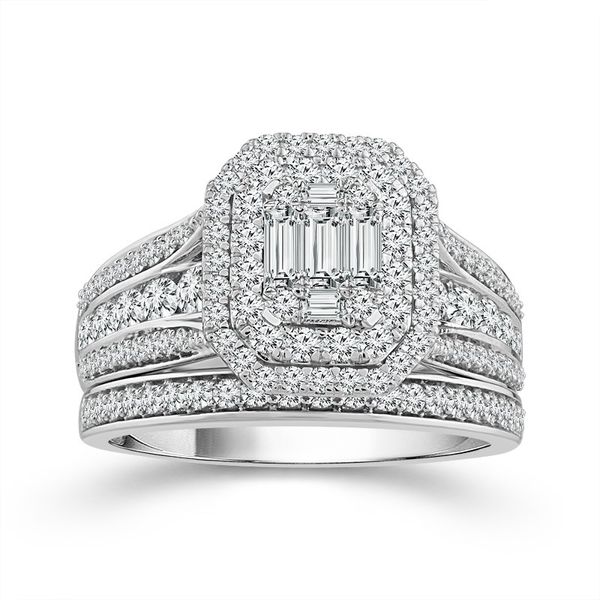 10 Karat White Gold 1 1/4 Carat Emerald and Round Cut Diamond Wedding Set Robert Irwin Jewelers Memphis, TN