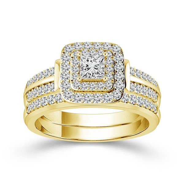 10 Karat Yellow Gold 5/8 Carat Princess and Round Cut Diamond Wedding Set Robert Irwin Jewelers Memphis, TN
