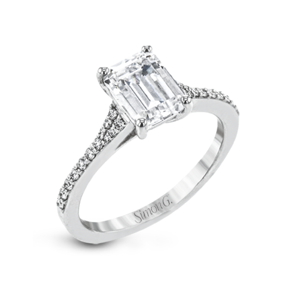 18 Karat White Gold Simon G. 1/6 Carat Emerald Cut Diamond Engagement Ring Setting Robert Irwin Jewelers Memphis, TN