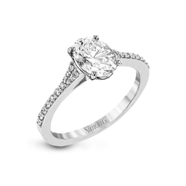 18 Karat White Gold Simon G. 1/6 Carat Oval Diamond Engagement Ring Setting Robert Irwin Jewelers Memphis, TN