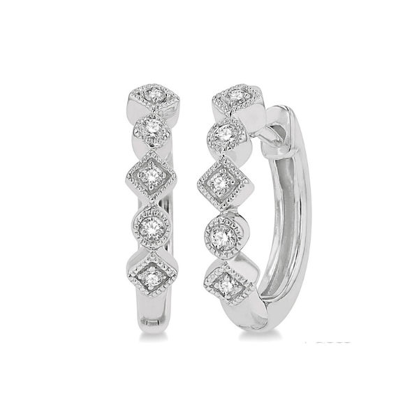 1/10 ctw Circular & Rhombus Mount Round Cut Diamond Huggie Earrings in 10K White Gold Robert Irwin Jewelers Memphis, TN