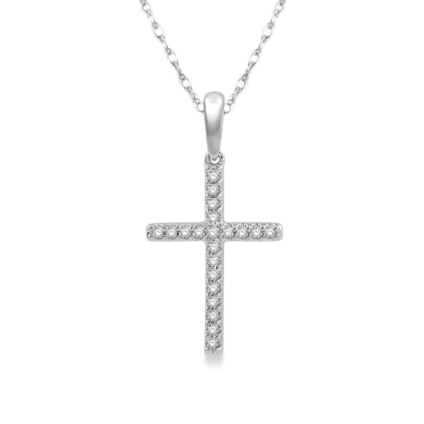 1/10 Ctw Cross Charm Round Cut Diamond Fashion Pendant in 10K White Gold With Chain Robert Irwin Jewelers Memphis, TN