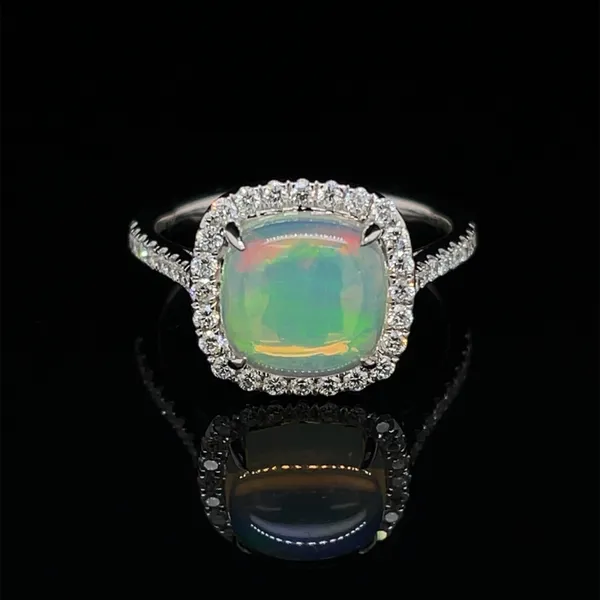 14 Karat White Gold 2 1/5 Carat Cushion Cut Opal and Diamond Halo Ring Robert Irwin Jewelers Memphis, TN