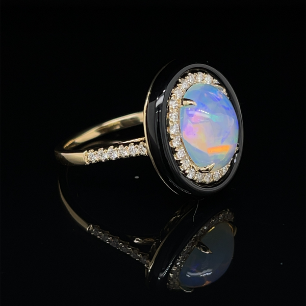 14 Karat Yellow Gold 2 2/5 Carat Oval Opal Black Onyx Frame Diamond Halo Ring Image 2 Robert Irwin Jewelers Memphis, TN