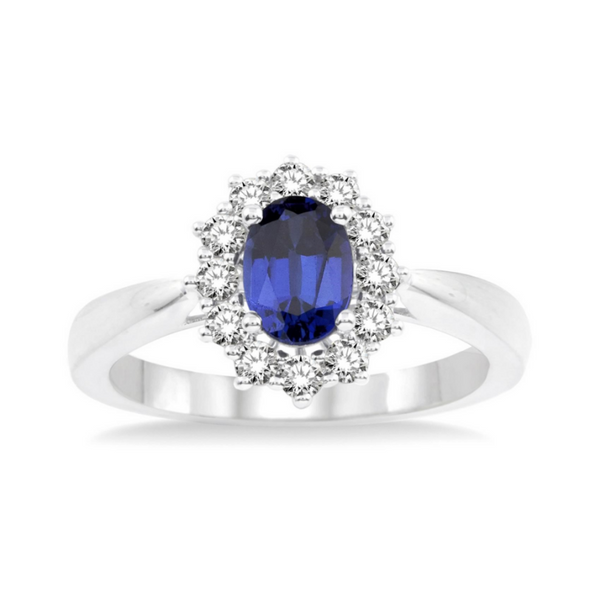 14 Karat White Gold Oval Sapphire and Diamond Halo Ring Robert Irwin Jewelers Memphis, TN