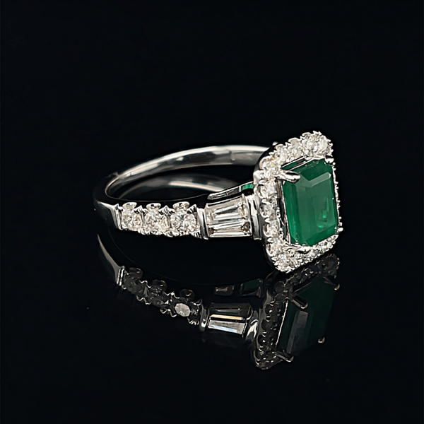 14 Karat White Gold Emerald Cut Emerald and Diamond Halo Ring Image 2 Robert Irwin Jewelers Memphis, TN
