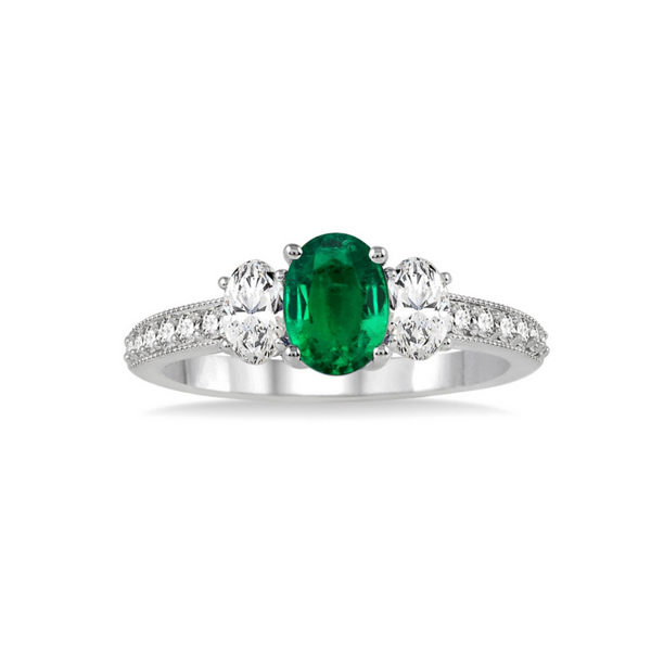 7X5mm Oval Shape Emerald and 3/4 Ctw Round Cut Diamond Ring in 14K White Gold Image 2 Robert Irwin Jewelers Memphis, TN